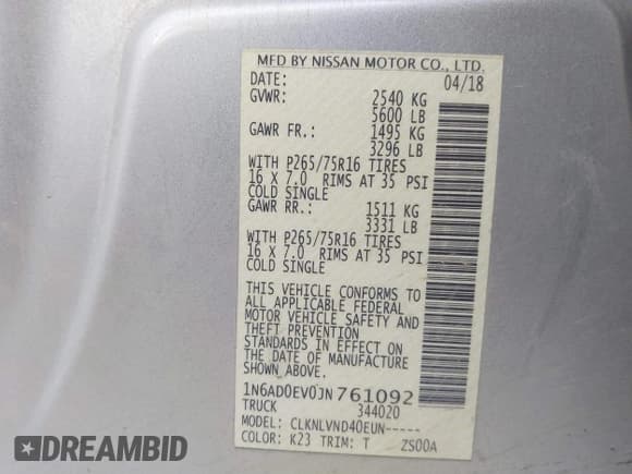 ✅ 2018 Nissan Frontier SV • VIN: 1N6AD0EV0JN761092 • Lot: 41502701. Listed on IAAI with 103,900 mi. Free auction sales archive from the USA and detailed vehicle history report at DreamBid. Image 9.