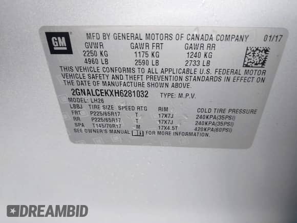 2017 Chevrolet Equinox LT с VIN 2GNALCEKXH6281032, выставлен на аукционе IAAI как лот 43493859 с пробегом 160 073 миль миль и . История ставок и продаж доступна на DreamBid. Изображение 9.