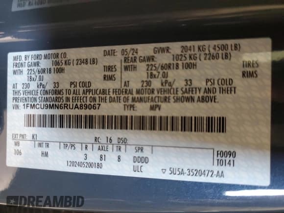 ✅ 2024 Ford Escape ST-Line • VIN: 1FMCU9MN6RUA89067 • Lot: 91648175. Listed on Copart with 34,604 mi. Free auction sales archive from the USA and detailed vehicle history report at DreamBid. Image 13.