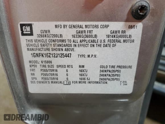 ✅ 2002 Chevrolet Suburban LT • VIN: 1GNFK16Z12J125447 • Лот: 52516305. Опубликован ранее на Copart с пробегом 306 705 миль. Бесплатный доступ к архиву аукционных продаж из США и подробный отчёт об истории автомобиля на DreamBid. Изображение 13.