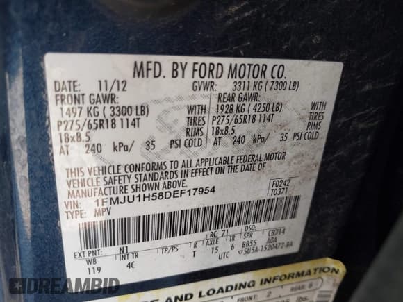 ✅ 2013 Ford Expedition XLT • VIN: 1FMJU1H58DEF17954 • Lot: 42883071. Listed on IAAI with 219,364 mi. Free auction sales archive from the USA and detailed vehicle history report at DreamBid. Image 9.