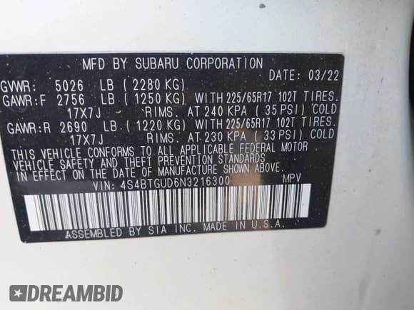 ✅ 2022 Subaru Outback Wilderness • VIN: 4S4BTGUD6N3216300 • Lot: 43664933. Listed on IAAI with 149,743 mi. Free auction sales archive from the USA and detailed vehicle history report at DreamBid. Image 9.
