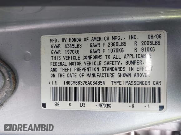 ✅ 2006 Honda Accord LX • VIN: 1HGCM66376A064854 • Лот: 43613820. Опубликован ранее на IAAI с пробегом 171 076 миль. Бесплатный доступ к архиву аукционных продаж из США и подробный отчёт об истории автомобиля на DreamBid. Изображение 9.