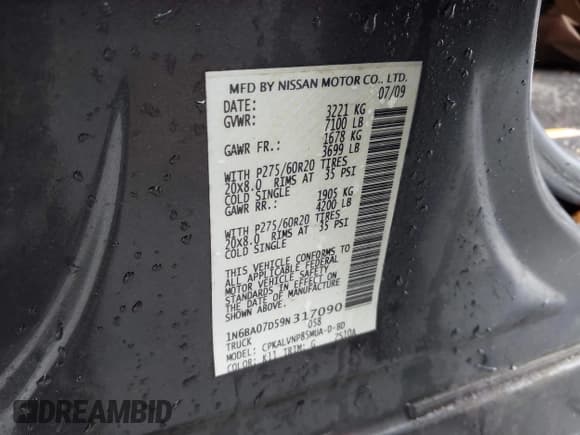 ✅ 2009 Nissan Titan SE • VIN: 1N6BA07D59N317090 • Lot: 43367465. Listed on IAAI with 167,406 mi. Free auction sales archive from the USA and detailed vehicle history report at DreamBid. Image 9.