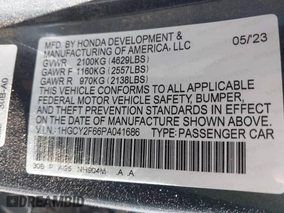 2023 Honda Accord EX-L z VIN 1HGCY2F66PA041686, wystawiony jako IAAI lot #42595112 z przebiegiem 65 021 mil mil oraz . Historia ofert i sprzedaży dostępna na DreamBid. Obrazek 9.
