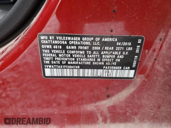 ✅ 2015 Volkswagen Passat S • VIN: 1VWAT7A31FC094746 • Lot: 93095255. Wystawiony na Copart z przebiegiem 189 455 mil. Bezpłatny archiwum sprzedaży aukcyjnych z USA i szczegółowy raport historii pojazdu na DreamBid. Zdjęcie 12.