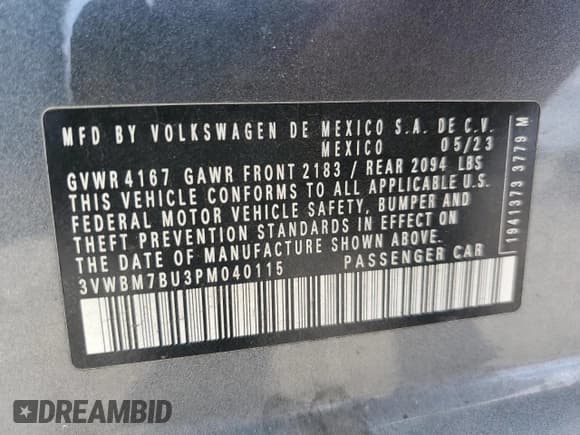 ✅ 2023 Volkswagen Jetta Sport • VIN: 3VWBM7BU3PM040115 • Lot: 68155065. Wystawiony na Copart z przebiegiem 51 740 mil. Bezpłatny archiwum sprzedaży aukcyjnych z USA i szczegółowy raport historii pojazdu na DreamBid. Zdjęcie 12.