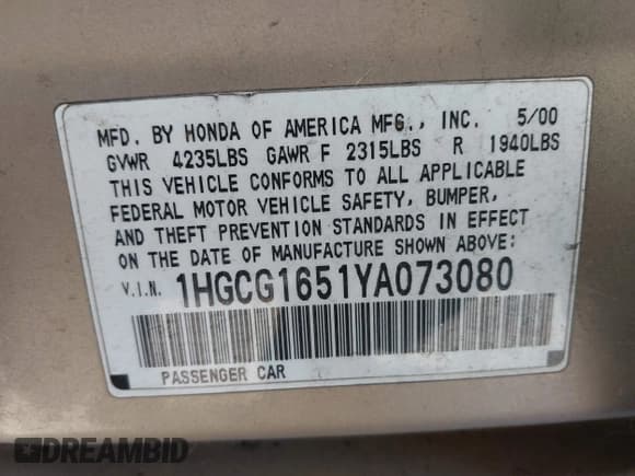 ✅ 2000 Honda Accord EX • VIN: 1HGCG1651YA073080 • Lot: 43741221. Wystawiony na IAAI z przebiegiem 167 301 mil. Bezpłatny archiwum sprzedaży aukcyjnych z USA i szczegółowy raport historii pojazdu na DreamBid. Zdjęcie 9.