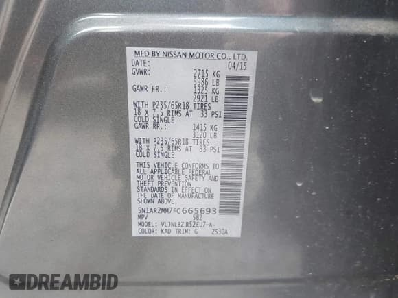 ✅ 2015 Nissan Pathfinder Platinum • VIN: 5N1AR2MM7FC665693 • Лот: 43693071. Опубликован ранее на IAAI с пробегом 129 525 миль. Бесплатный доступ к архиву аукционных продаж из США и подробный отчёт об истории автомобиля на DreamBid. Изображение 9.