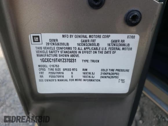 ✅ 2000 Chevrolet Silverado 1500 LS • VIN: 1GCEC19T4YZ370231 • Lot: 82366445. Listed on Copart with Not provided. Free auction sales archive from the USA and detailed vehicle history report at DreamBid. Image 12.