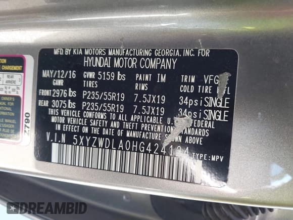 ✅ 2017 Hyundai Santa Fe Ultimate • VIN: 5XYZWDLA0HG424124 • Lot: 42634516. Listed on IAAI with 155,588 mi. Free auction sales archive from the USA and detailed vehicle history report at DreamBid. Image 9.