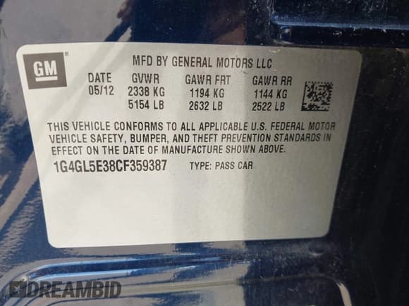 ✅ 2012 Buick LaCrosse Leather • VIN: 1G4GL5E38CF359387 • Лот: 43787164. Опубликован ранее на IAAI с пробегом 91 963 миль. Бесплатный доступ к архиву аукционных продаж из США и подробный отчёт об истории автомобиля на DreamBid. Изображение 9.