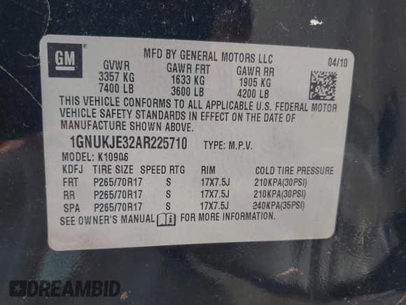 ✅ 2010 Chevrolet Suburban LT • VIN: 1GNUKJE32AR225710 • Lot: 42798462. Listed on IAAI with Not provided. Free auction sales archive from the USA and detailed vehicle history report at DreamBid. Image 9.