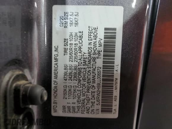 ✅ 2020 Honda CR-V EX • VIN: 5J6RW2H59LL006572 • Lot: 90943045. Listed on Copart with 85,713 mi. Free auction sales archive from the USA and detailed vehicle history report at DreamBid. Image 14.