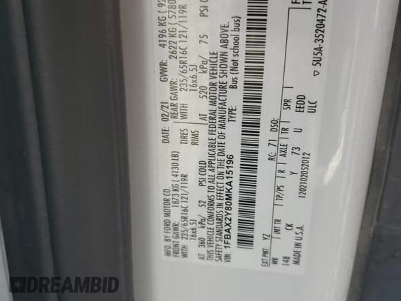 ✅ 2021 Ford Transit Passenger XL • VIN: 1FBAX2Y80MKA15196 • Лот: 88821025. Опубликован ранее на Copart с пробегом 67 648 миль. Бесплатный доступ к архиву аукционных продаж из США и подробный отчёт об истории автомобиля на DreamBid. Изображение 14.