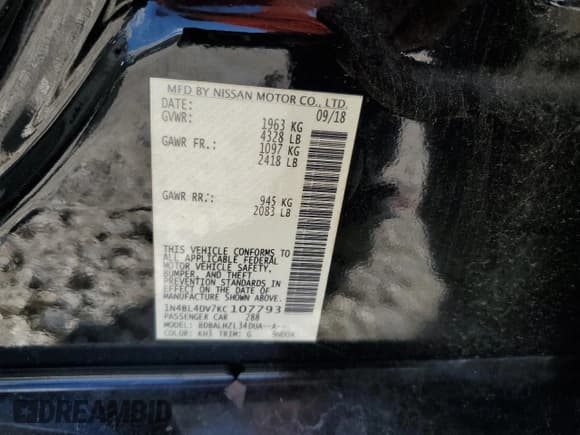 ✅ 2019 Nissan Altima SV • VIN: 1N4BL4DV7KC107793 • Lot: 86477755. Listed on Copart with 89,216 mi. Free auction sales archive from the USA and detailed vehicle history report at DreamBid. Image 12.