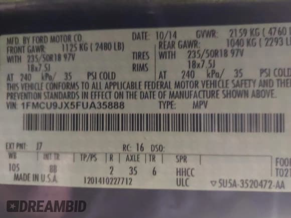 ✅ 2015 Ford Escape Titanium • VIN: 1FMCU9JX5FUA35888 • Lot: 41209408. Listed on IAAI with 125,378 mi. Free auction sales archive from the USA and detailed vehicle history report at DreamBid. Image 9.