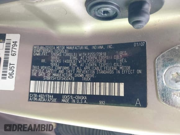 ✅ 2007 Toyota Tundra SR5 • VIN: 5TBRT54137S450479 • Лот: 42618254. Опубликован ранее на IAAI с пробегом 190 386 миль. Бесплатный доступ к архиву аукционных продаж из США и подробный отчёт об истории автомобиля на DreamBid. Изображение 9.