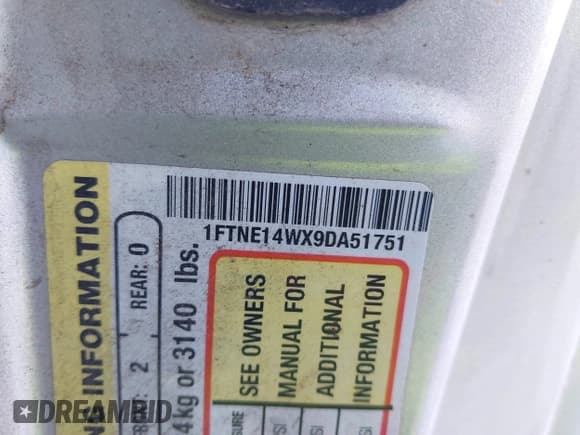 ✅ 2009 Ford Econoline Cargo Commercial • VIN: 1FTNE14WX9DA51751 • Lot: 43824464. Listed on IAAI with 215,019 mi. Free auction sales archive from the USA and detailed vehicle history report at DreamBid. Image 9.