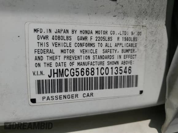 2001 Honda Accord EX с VIN JHMCG56681C013546, выставлен на аукционе Copart как лот 66772375 с пробегом 268 315 миль миль и Списание • Salvage title. История ставок и продаж доступна на DreamBid. Изображение 12.