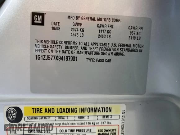 ✅ 2009 Chevrolet Malibu 2LT • VIN: 1G1ZJ577X94187931 • Lot: 74284374. Listed on Copart with 91,929 mi. Free auction sales archive from the USA and detailed vehicle history report at DreamBid. Image 12.