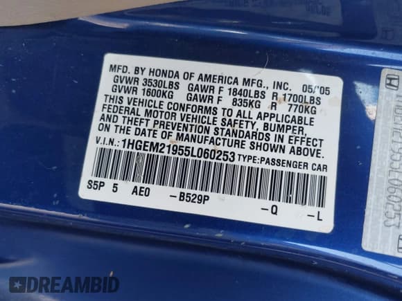 ✅ 2005 Honda Civic EX • VIN: 1HGEM21955L060253 • Lot: 43680142. Listed on IAAI with 135,510 mi. Free auction sales archive from the USA and detailed vehicle history report at DreamBid. Image 9.