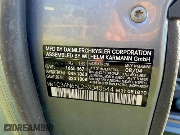 ✅ 2005 Chrysler Crossfire Limited • VIN: 1C3AN65L25X040644 • Lot: 96235665. Listed on Copart with 65,837 mi. Free auction sales archive from the USA and detailed vehicle history report at DreamBid. Image 10.