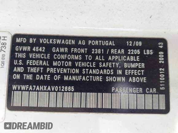 ✅ 2010 Volkswagen Eos Lux • VIN: WVWFA7AHXAV012665 • Lot: 42704077. Listed on IAAI with 200,972 mi. Free auction sales archive from the USA and detailed vehicle history report at DreamBid. Image 9.