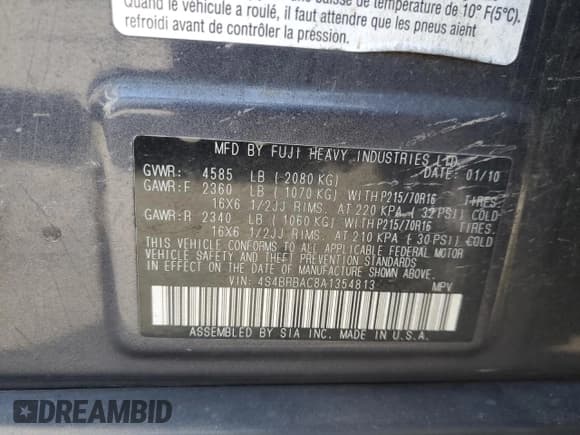 ✅ 2010 Subaru Outback • VIN: 4S4BRBAC8A1354813 • Lot: 70381905. Listed on Copart with 161,381 mi. Free auction sales archive from the USA and detailed vehicle history report at DreamBid. Image 12.