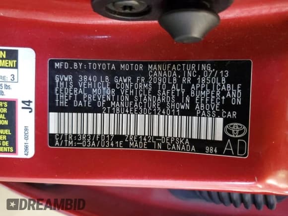 ✅ 2013 Toyota Corolla LE • VIN: 2T1BU4EE3DC124011 • Lot: 86174895. Listed on Copart with Not provided. Free auction sales archive from the USA and detailed vehicle history report at DreamBid. Image 13.