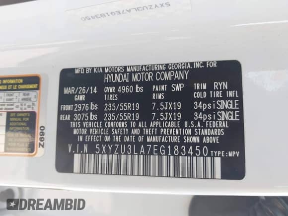 2014 Hyundai Santa Fe with VIN 5XYZU3LA7EG183450, listed as a IAAI auction lot 43218232 with 102,132 mi miles and . Bid and sale history available at DreamBid. Image 9.