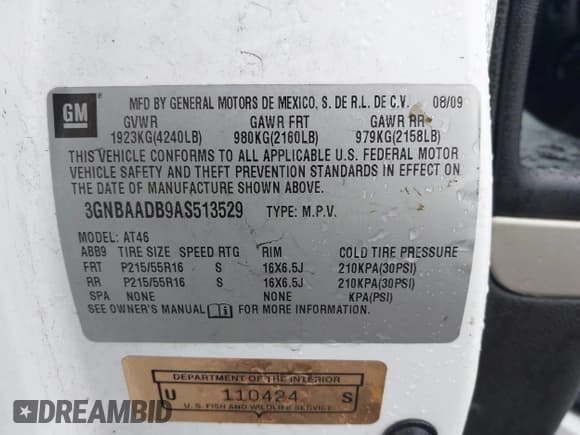 ✅ 2010 Chevrolet HHR LS • VIN: 3GNBAADB9AS513529 • Lot: 41106312. Listed on IAAI with 60,374 mi. Free auction sales archive from the USA and detailed vehicle history report at DreamBid. Image 9.