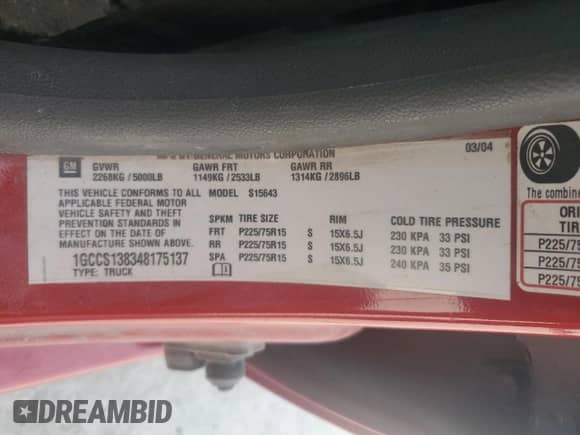 2004 Chevrolet Colorado 1SB LS Z85 with VIN 1GCCS138348175137, listed as a Copart auction lot 59484955 with 177,579 mi miles and Salvage title. Bid and sale history available at DreamBid. Image 13.