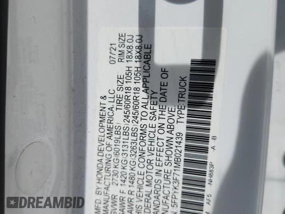 ✅ 2021 Honda Ridgeline RTL-E • VIN: 5FPYK3F71MB021439 • Lot: 67190935. Listed on Copart with 32,883 mi. Free auction sales archive from the USA and detailed vehicle history report at DreamBid. Image 12.