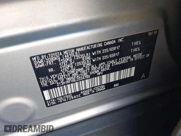 ✅ 2020 Toyota RAV4 LE • VIN: 2T3H1RFV6LC034789 • Lot: 43235320. Wystawiony na IAAI z przebiegiem 66 481 mil. Bezpłatny archiwum sprzedaży aukcyjnych z USA i szczegółowy raport historii pojazdu na DreamBid. Zdjęcie 9.