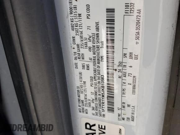 ✅ 2018 Ford Transit • VIN: 1FTYR1YM5JKB13583 • Лот: 86318844. Опубликован ранее на Copart с пробегом 80 535 миль. Бесплатный доступ к архиву аукционных продаж из США и подробный отчёт об истории автомобиля на DreamBid. Изображение 10.