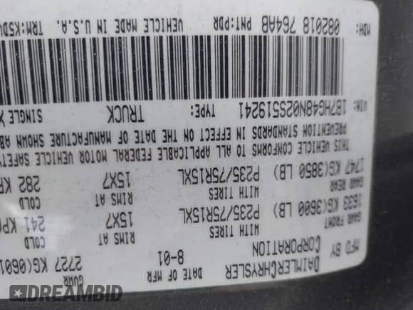 2002 Dodge Dakota SLT с VIN 1B7HG48N02S519241, выставлен на аукционе IAAI как лот 43121163 с пробегом 102 842 миль миль и . История ставок и продаж доступна на DreamBid. Изображение 9.