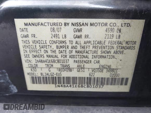 ✅ 2008 Nissan Maxima SE • VIN: 1N4BA41E68C801037 • Lot: 43798326. Listed on IAAI with 156,372 mi. Free auction sales archive from the USA and detailed vehicle history report at DreamBid. Image 9.