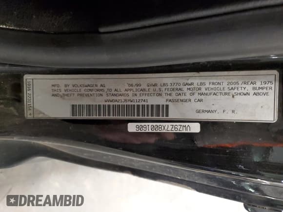 ✅ 2000 Volkswagen Golf GTI • VIN: WVWDA21J5YW112741 • Lot: 79904674. Listed on Copart with 203,803 mi. Free auction sales archive from the USA and detailed vehicle history report at DreamBid. Image 12.