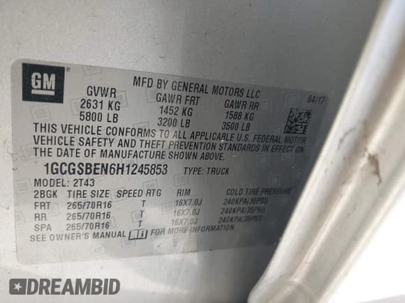 ✅ 2017 Chevrolet Colorado 2WD WT • VIN: 1GCGSBEN6H1245853 • Лот: 43283789. Опубликован ранее на IAAI с пробегом 55 528 миль. Бесплатный доступ к архиву аукционных продаж из США и подробный отчёт об истории автомобиля на DreamBid. Изображение 9.