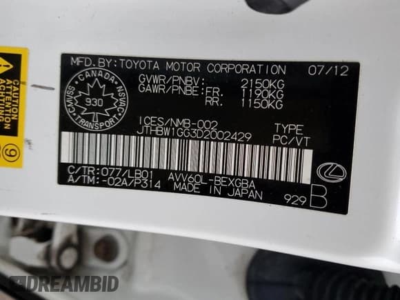 ✅ 2013 Lexus ES 300h • VIN: JTHBW1GG3D2002429 • Lot: 91072495. Listed on Copart with 295,189 mi. Free auction sales archive from the USA and detailed vehicle history report at DreamBid. Image 12.