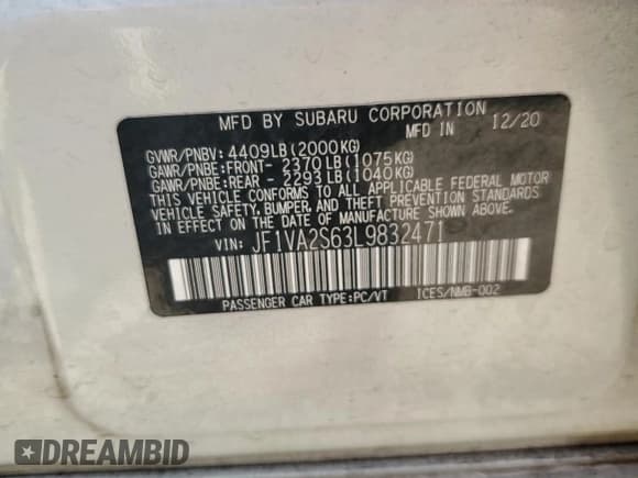 ✅ 2020 Subaru WRX STI • VIN: JF1VA2S63L9832471 • Lot: 58667585. Listed on Copart with 38,926 mi. Free auction sales archive from the USA and detailed vehicle history report at DreamBid. Image 13.