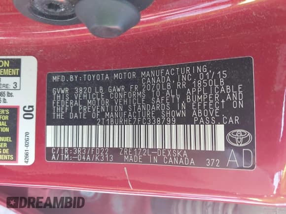 ✅ 2015 Toyota Corolla L • VIN: 2T1BURHE7FC338799 • Lot: 42420970. Listed on IAAI with 214,514 mi. Free auction sales archive from the USA and detailed vehicle history report at DreamBid. Image 9.