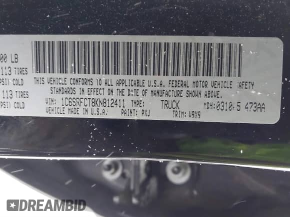 2019 Ram 1500 Tradesman z VIN 1C6SRFCT8KN812411, wystawiony jako IAAI lot #41589377 z przebiegiem 79 776 mil mil oraz . Historia ofert i sprzedaży dostępna na DreamBid. Obrazek 9.