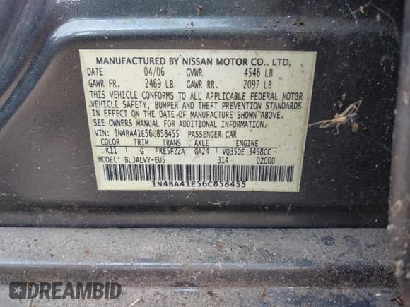 ✅ 2006 Nissan Maxima SE • VIN: 1N4BA41E56C858455 • Лот: 42380358. Опубликован ранее на IAAI с пробегом 184 886 миль. Бесплатный доступ к архиву аукционных продаж из США и подробный отчёт об истории автомобиля на DreamBid. Изображение 9.