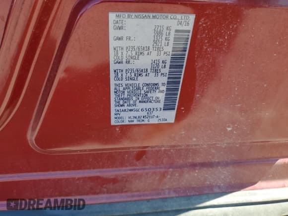 ✅ 2016 Nissan Pathfinder SV • VIN: 5N1AR2MM5GC650353 • Lot: 65187255. Listed on Copart with 105,689 mi. Free auction sales archive from the USA and detailed vehicle history report at DreamBid. Image 12.