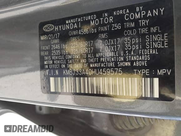 2017 Hyundai Tucson SE Plus с VIN KM8J33A40HU459575, выставлен на аукционе IAAI как лот 41703139 с пробегом 189 955 миль миль и . История ставок и продаж доступна на DreamBid. Изображение 9.