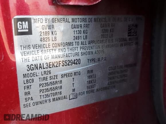 ✅ 2015 Chevrolet Captiva Sport LT • VIN: 3GNAL3EK2FS529420 • Lot: 42857105. Wystawiony na Copart z przebiegiem 69 048 mil. Bezpłatny archiwum sprzedaży aukcyjnych z USA i szczegółowy raport historii pojazdu na DreamBid. Zdjęcie 15.