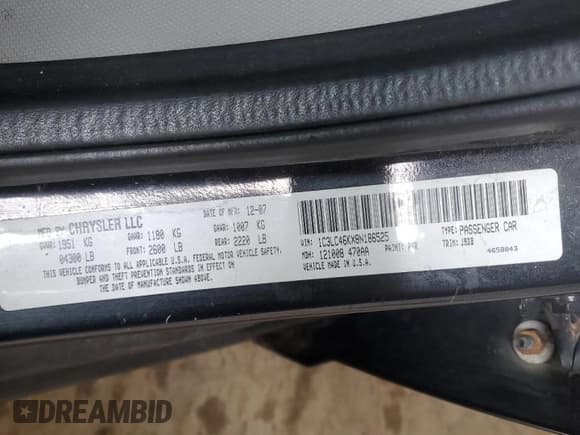 ✅ 2008 Chrysler Sebring LX • VIN: 1C3LC46KX8N186525 • Lot: 51931615. Listed on Copart with 208,701 mi. Free auction sales archive from the USA and detailed vehicle history report at DreamBid. Image 12.