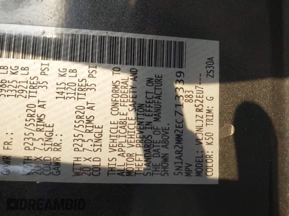 ✅ 2014 Nissan Pathfinder Platinum • VIN: 5N1AR2MM2EC713339 • Lot: 43895805. Listed on IAAI with 169,358 mi. Free auction sales archive from the USA and detailed vehicle history report at DreamBid. Image 9.